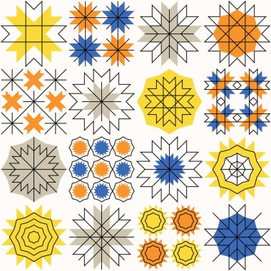 Soyut geometrik şekilleri ve çizgileri olan renkli modern sanat arkaplanı. Modayı takip eden Neo Memphis kusursuz bir model. Yaratıcı minimal grafik tasarım ögeleri kümesi.