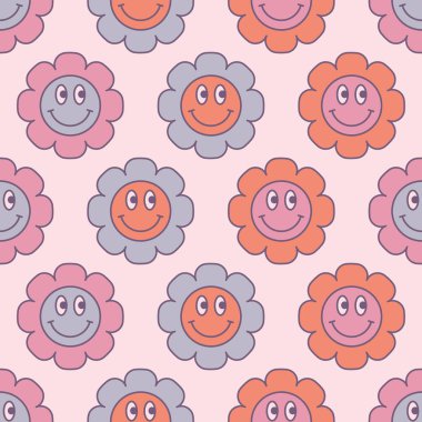 Sevimli çiçek gücü kusursuz desen. Dekoratif retro stil gülümseyen bitkilerin çiçek arkaplanı. Klasik bağımsız ve hippi yinelenen desen.