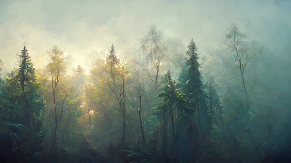 Mystical Forest Landscape Autumn Morning Fog Scenery Dreamy Foggy Forest — Stockfoto