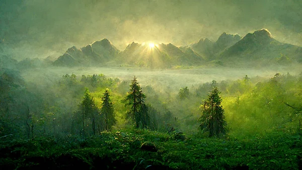 A wonderful landscape of overgrown green mountains with a forest in the foreground in the morning mist and rays of the sunrise. Magical and fairytale scene. Digital art.