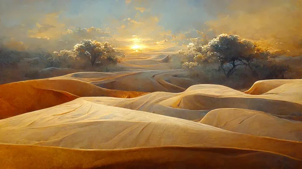 Gün batımında etkileyici kum tepeleri olan çöl manzarası. Vaha ve çiçek açan ağaçlarla dolu fantezi çöl manzarası. Dijital sanat.