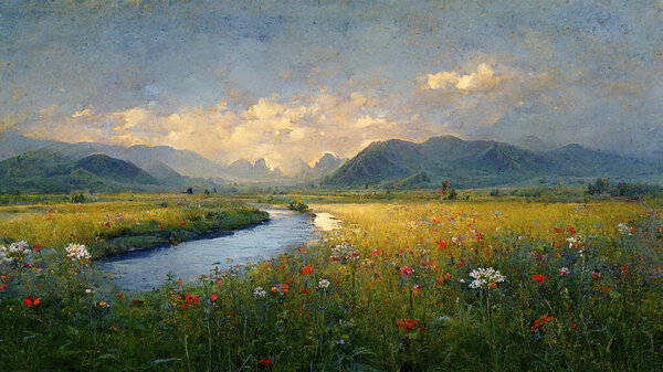 A wonderful natural landscape with a wildflower meadow, river and mountains in the background. Calm evening light. Idyllic wildlife background. Digital art.