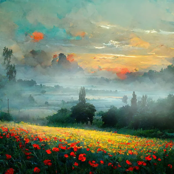 Mesmerizing Natural Landscape Alpine Meadows Filled Wildflower Poppies Sunset Digital — 图库照片