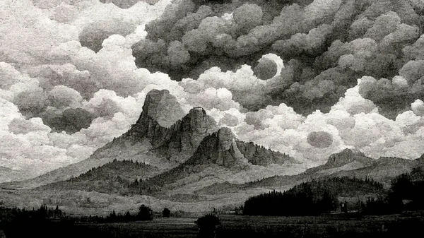 Abstract black and white pencil drawing of dark clouds over mountain landscape. Digital dark fantasy art.