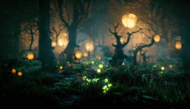 Realistic haunted forest creepy landscape at night. Fantasy Halloween forest background. Surreal mysterious atmospheric woods design backdrop. Digital art.