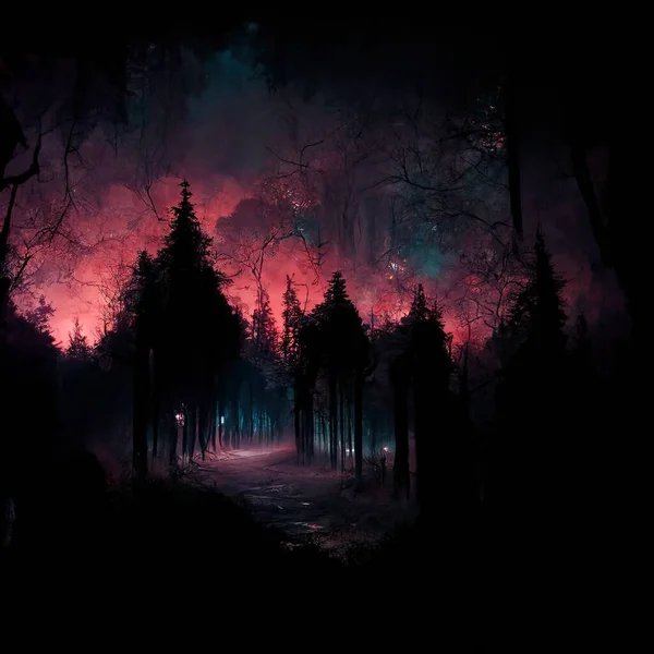 Realistic haunted forest creepy landscape at night. Fantasy Halloween forest background. Surreal mysterious atmospheric woods design backdrop. Digital art.