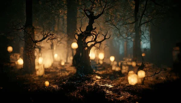 Realistic haunted forest creepy landscape at night. Fantasy Halloween forest background. Surreal mysterious atmospheric woods design backdrop. Digital art.