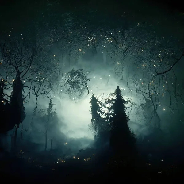 Realistic Haunted Forest Creepy Landscape Night Fantasy Halloween Forest Background — стоковое фото