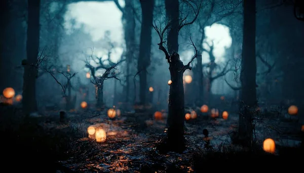 Realistic haunted forest creepy landscape at night. Fantasy Halloween forest background. Surreal mysterious atmospheric woods design backdrop. Digital art.