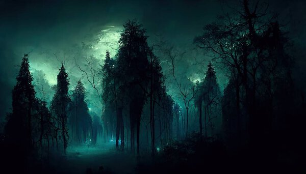 Realistic haunted forest creepy landscape at night. Fantasy Halloween forest background. Surreal mysterious atmospheric woods design backdrop. Digital art.