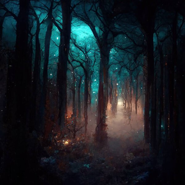 Realistic haunted forest creepy landscape at night. Fantasy Halloween forest background. Surreal mysterious atmospheric woods design backdrop. Digital art.