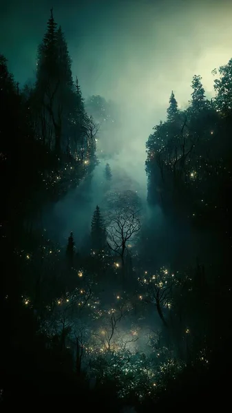 Realistic Haunted Forest Creepy Landscape Night Fantasy Halloween Forest Background — 图库照片