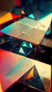 Shiny glass crystals and prisms with color spectrum rays. Abstract rainbow color beams optic reflection effects background. Digital art.