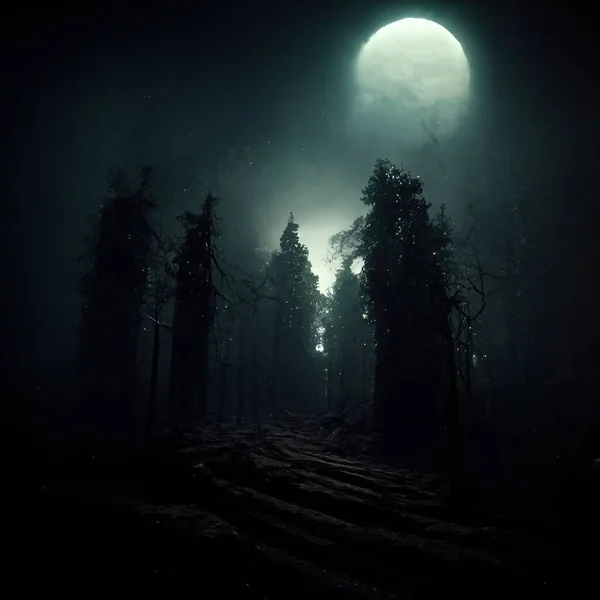 Realistic haunted forest creepy landscape at night. Fantasy Halloween forest background. Surreal mysterious atmospheric woods design backdrop. Digital art.