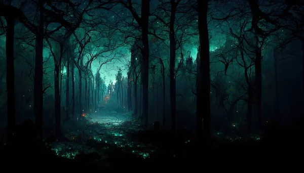 Realistic Haunted Forest Creepy Landscape Night Fantasy Halloween Forest Background — ストック写真