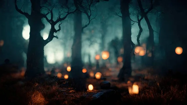 Realistic haunted forest creepy landscape at night. Fantasy Halloween forest background. Surreal mysterious atmospheric woods design backdrop. Digital art.