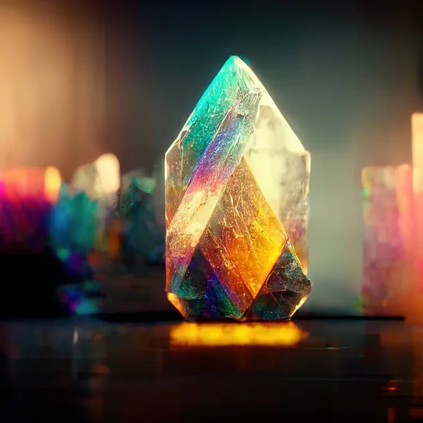 Shiny glass crystals and prisms with color spectrum rays. Abstract rainbow color beams optic reflection effects background. Digital art.