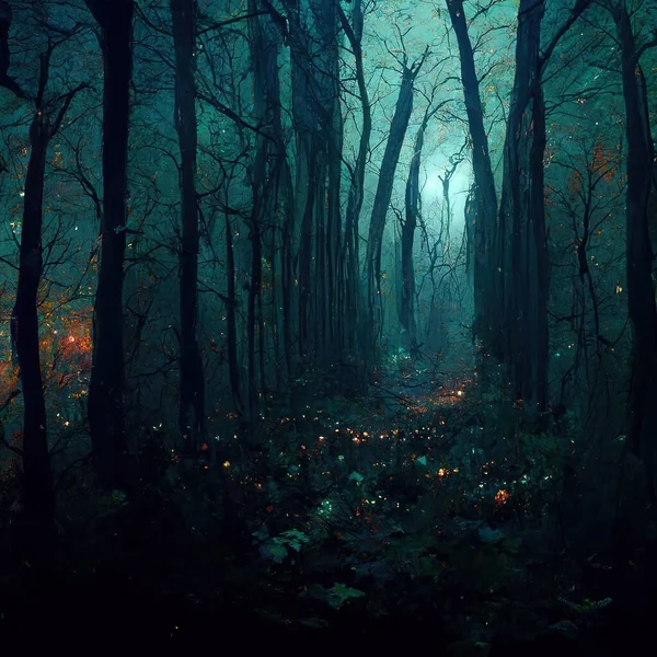 Realistic haunted forest creepy landscape at night. Fantasy Halloween forest background. Surreal mysterious atmospheric woods design backdrop. Digital art.