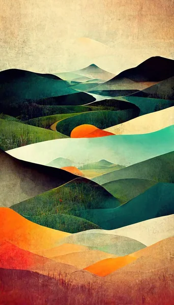 Colorful abstract mixed media grunge landscape background with different creative textures. Contemporary modern design. Digital art.