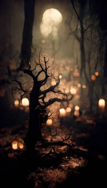 Realistic Haunted Forest Creepy Landscape Night Fantasy Halloween Forest Background — Φωτογραφία Αρχείου