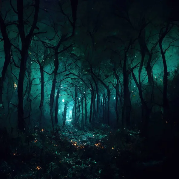 Realistic haunted forest creepy landscape at night. Fantasy Halloween forest background. Surreal mysterious atmospheric woods design backdrop. Digital art.