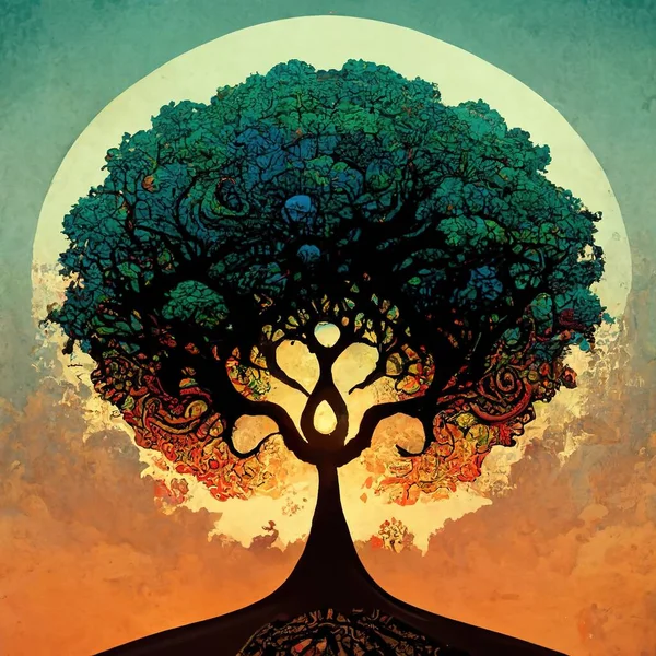 Beautiful illustration of magic tree of life, sacred symbol. Personal individuality, prosperity and growth concept. Retro vintage style digital art.
