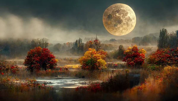 Amazing autumn landscape at night in moonlight, idyllic and peaceful nature scenery. Beautiful season fall background. Digital art.