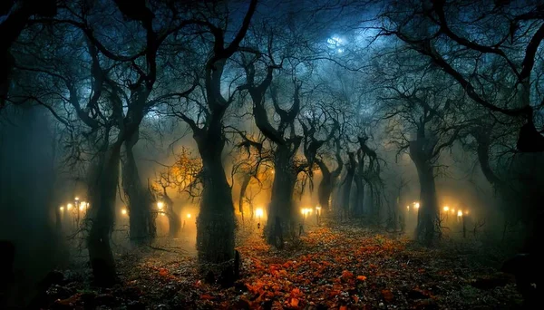 Realistic Haunted Spooky Forest Creepy Landscape Night Fantasy Halloween Forest — Stok fotoğraf