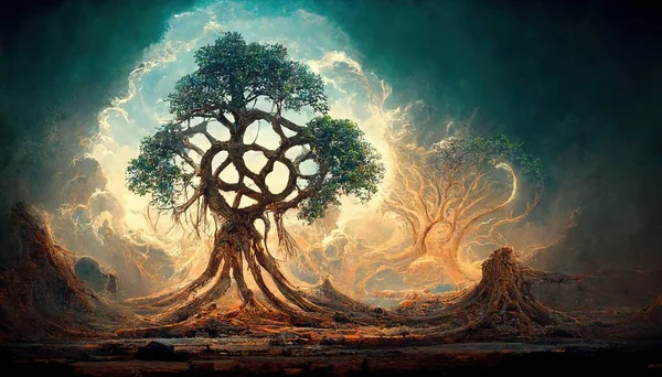 Beautiful illustration of magic tree of life, sacred symbol. Personal individuality, prosperity and growth concept. Digital art.
