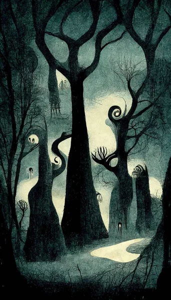 Στοιχειωμένο Δάσος Ανατριχιαστικό Τοπίο Εικονογράφηση Φανταστικό Αποκριάτικο Δάσος Στυλ Καρτούν — Φωτογραφία Αρχείου