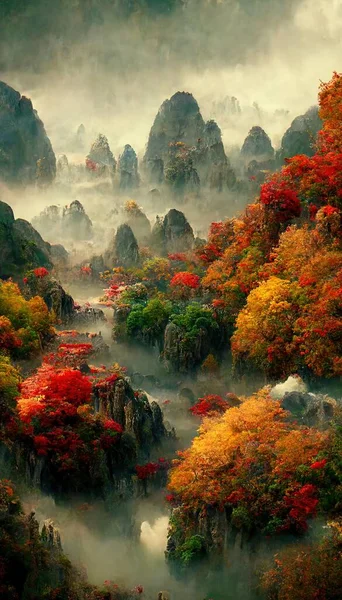 Китайский Осенний Пейзаж Осенними Деревьями Величественными Горами Идиллия Удивительная Природа — стоковое фото