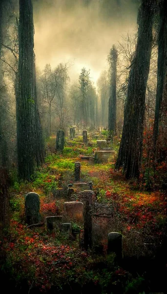 Realistic Haunted Spooky Forest Creepy Landscape Night Fantasy Halloween Forest — Stock Photo, Image
