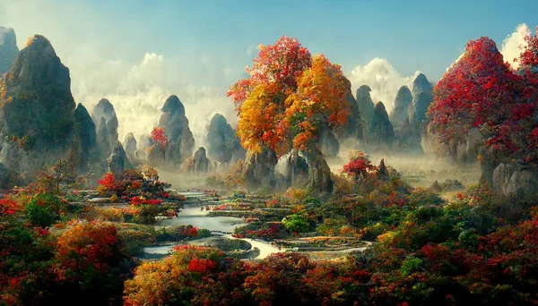 Chinese Autumn Landscape Autumn Trees Majestic Mountains Idyllic Amazing Nature — Fotografia de Stock