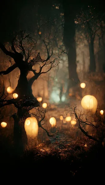 Realistic Haunted Forest Creepy Landscape Night Fantasy Halloween Forest Background — 스톡 사진