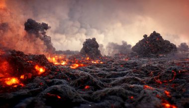 Apocalyptic volcanic landscape with hot flowing lava and smoke and ash clouds. Dangerous nature environment. Eruption of active volcano. Digital illustration.