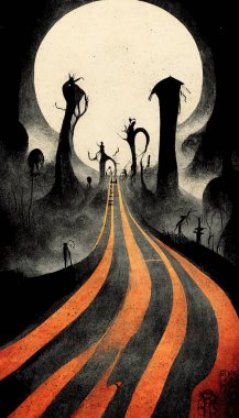 Apocalyptic road or highway to hell with flames and ruins on the side of the road. Life after death religious concept illustration. Digital art.