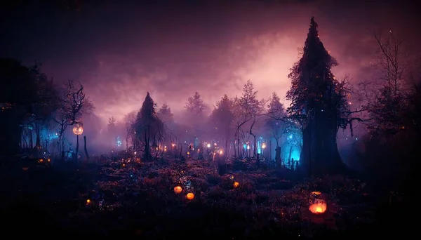 Realistic haunted forest creepy landscape at night. Fantasy Halloween forest background. Surreal mysterious atmospheric woods design backdrop. Digital art.