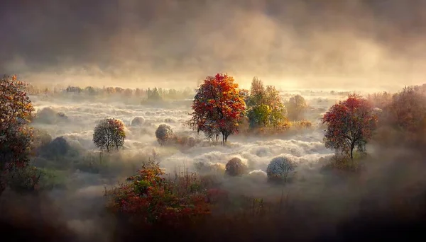 Amazing Foggy Autumn Landscape Idyllic Peaceful Misty Wild Nature Scenery —  Fotos de Stock