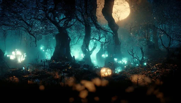 Realistic haunted forest creepy landscape at night. Fantasy Halloween forest background. Surreal mysterious atmospheric woods design backdrop. Digital art.