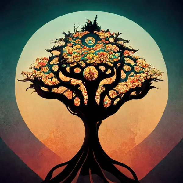 Beautiful illustration of magic tree of life, sacred symbol. Personal individuality, prosperity and growth concept. Retro vintage style digital art.