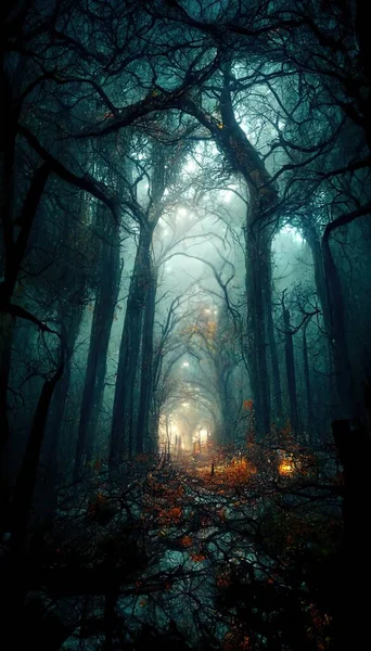 Realistic haunted spooky forest, creepy landscape at night. Fantasy Halloween forest background. Surreal mysterious atmospheric woods design backdrop. Digital art.