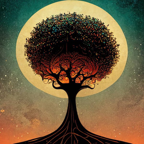 Beautiful illustration of magic tree of life, sacred symbol. Personal individuality, prosperity and growth concept. Retro vintage style digital art.