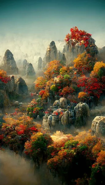 Китайский Осенний Пейзаж Осенними Деревьями Величественными Горами Идиллия Удивительная Природа — стоковое фото