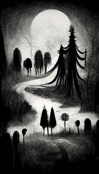 Haunted Forest Creepy Landscape Illustration Fantasy Halloween Forest Background Cartoon — 图库照片