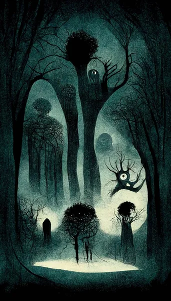 Στοιχειωμένο Δάσος Ανατριχιαστικό Τοπίο Εικονογράφηση Φανταστικό Αποκριάτικο Δάσος Στυλ Καρτούν — Φωτογραφία Αρχείου
