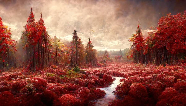 Amazing Bright Red Autumn Landscape Idyllic Peaceful Wild Nature Scenery — 스톡 사진