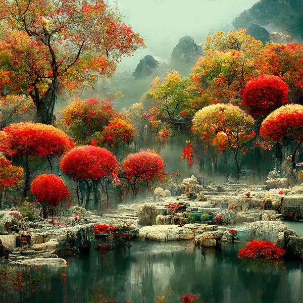 Chinese autumn landscape with autumn trees and majestic mountains. Idyllic and amazing nature scenery. Beautiful season fall background. Digital art.