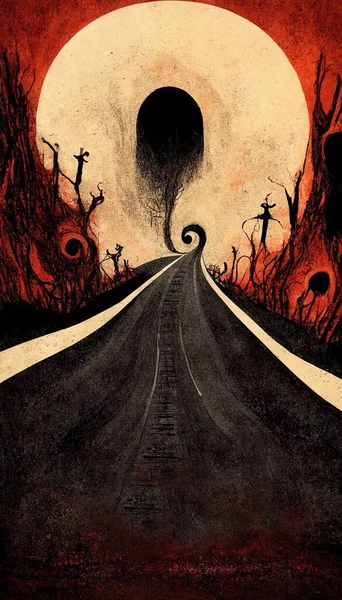Apocalyptic road or highway to hell with flames and ruins on the side of the road. Life after death religious concept illustration. Digital art.