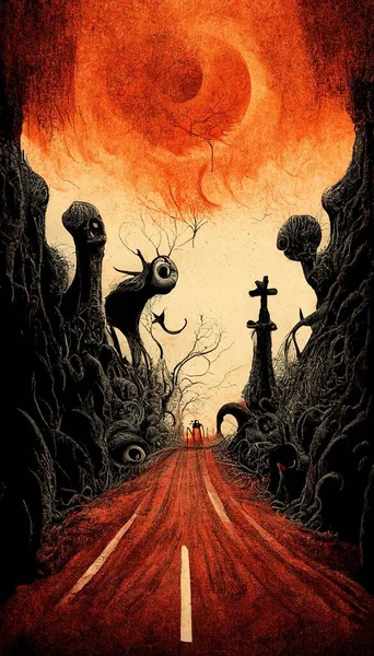 Apocalyptic road or highway to hell with flames and ruins on the side of the road. Life after death religious concept illustration. Digital art.