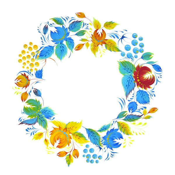Petrykivka blommor krans dekorativ akryl illustration. Ukrainska nationella målning. Presentkort och textildesign, emballage, papper, tapet. — Stockfoto